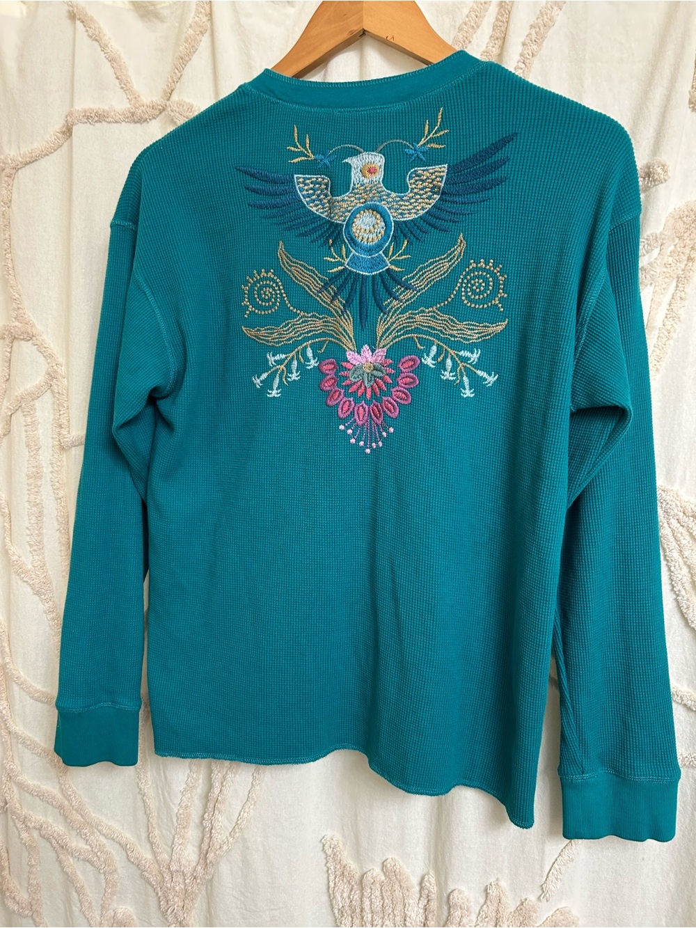 Johnny Was Sisa Embroidered Waffle Knit Thermal Henley in Quetzal Green Size M - Picture 10 of 11